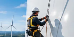 Rope-access technician cleaning a wind turbine tower
